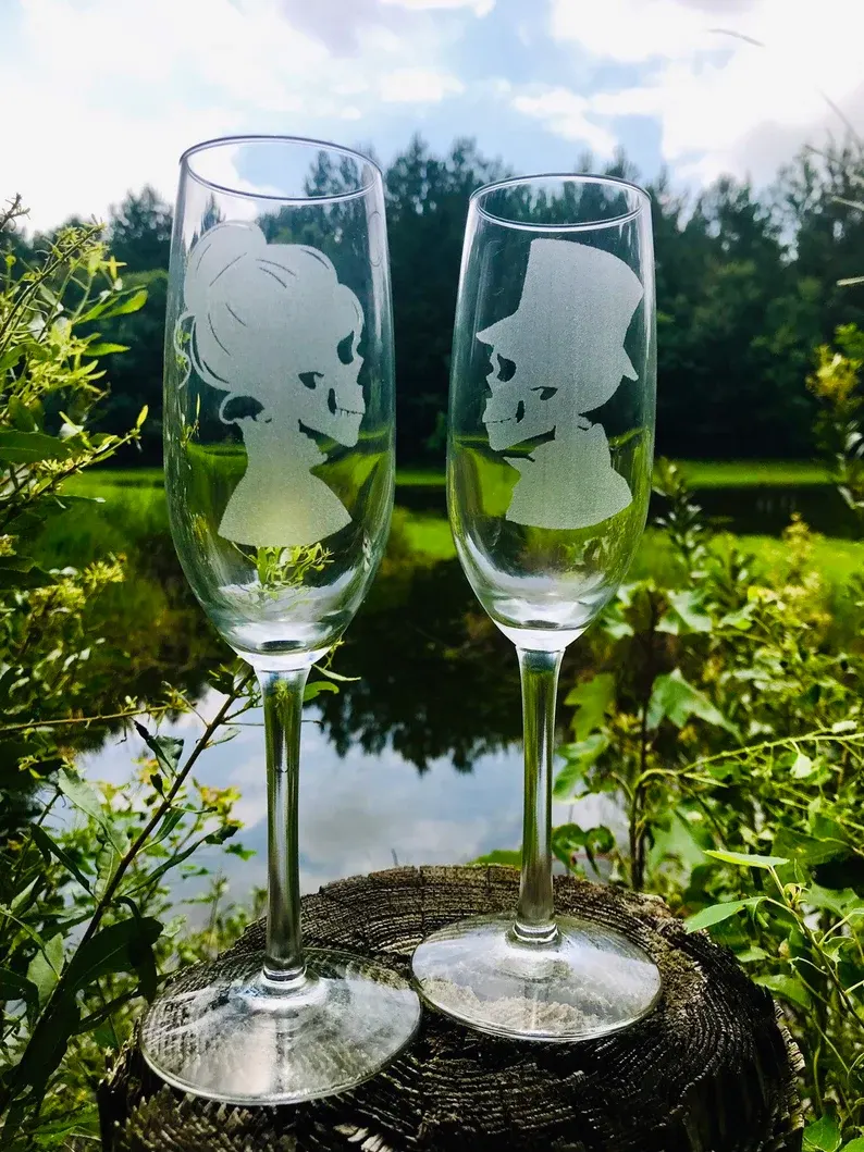 Hand Engraved Black Skeleton Wine Glasses