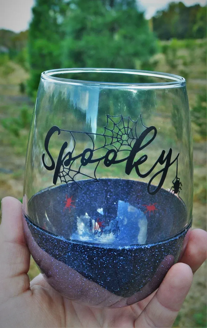 Spooky Spiders Glitter Dipped Wine Glass